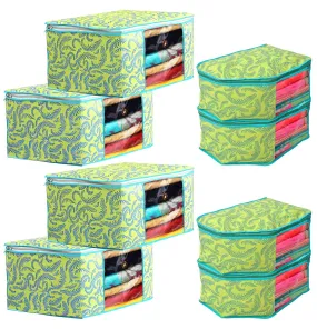 Kuber Industries Leaf Design Non-woven Foldable 4 Saree & 4 Blouse Cover/Clothes Storage Bag/Wardrobe Organizer Set With Transparent Window- Pack of 8 (Green)-44KM0571