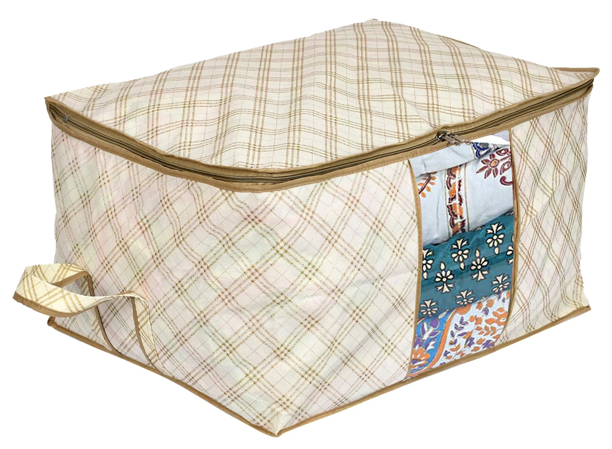 Kuber Industries Metalic Checkered Print Non Woven 2 Pieces Underbed Storage Bag,Cloth Organiser,Blanket Cover with Transparent Window (Ivory)-KUBMART16583