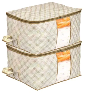 Kuber Industries Metalic Checkered Print Non Woven 2 Pieces Underbed Storage Bag,Cloth Organiser,Blanket Cover with Transparent Window (Ivory)-KUBMART16583