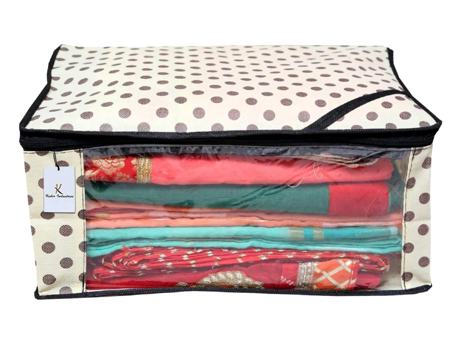 Kuber Industries Polka Dots Printed Non Woven 3 Pieces Saree Cover and 2 Pieces Underbed Storage Bag, Cloth Organizer for Storage, Blanket Cover Combo Set (Ivory) -CTKTC038646