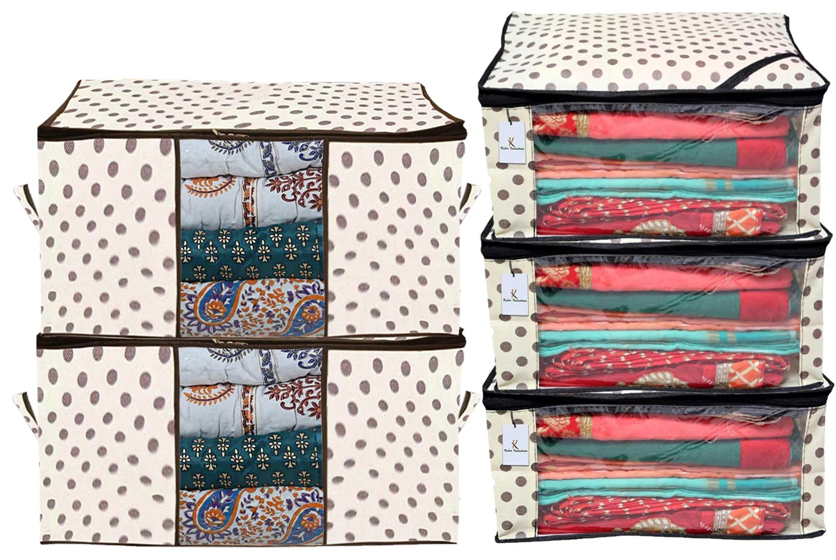 Kuber Industries Polka Dots Printed Non Woven 3 Pieces Saree Cover and 2 Pieces Underbed Storage Bag, Cloth Organizer for Storage, Blanket Cover Combo Set (Ivory) -CTKTC038646