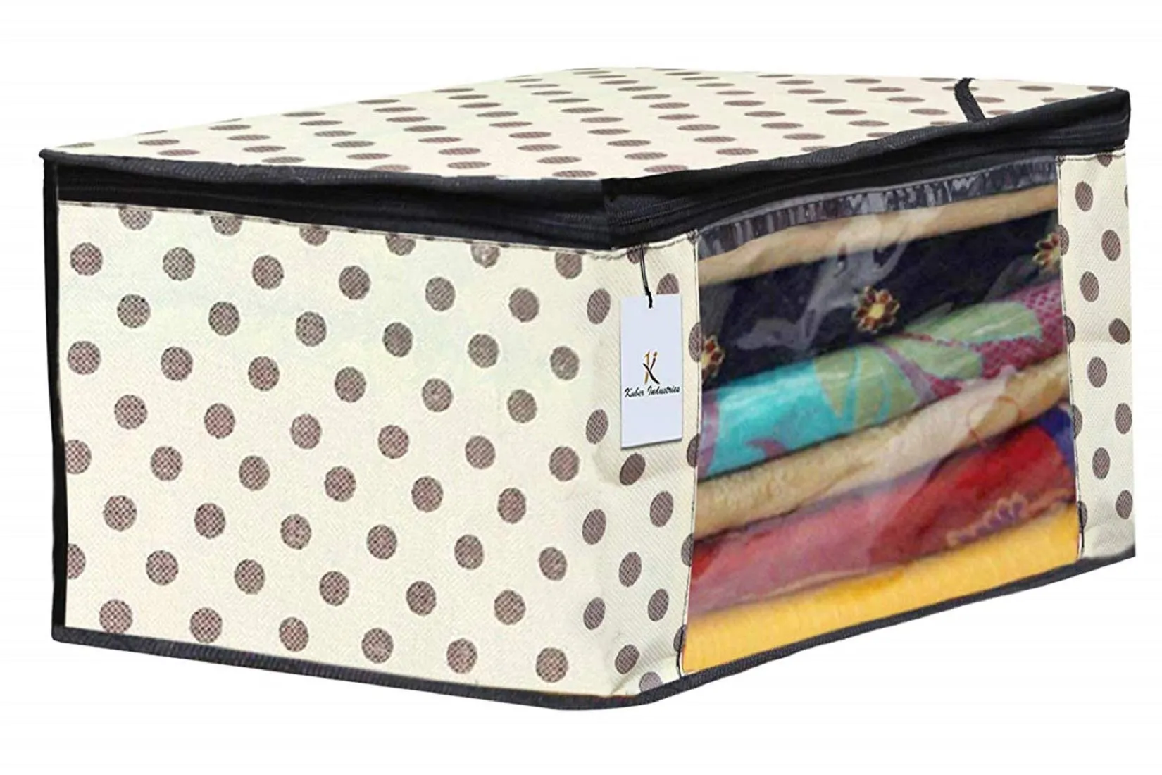 Kuber Industries Polka Dots Printed Non Woven 6 Pieces Saree Cover and 3 Pieces Underbed Storage Bag, Cloth Organizer for Storage, Blanket Cover Combo Set (Ivory) -CTKTC038652