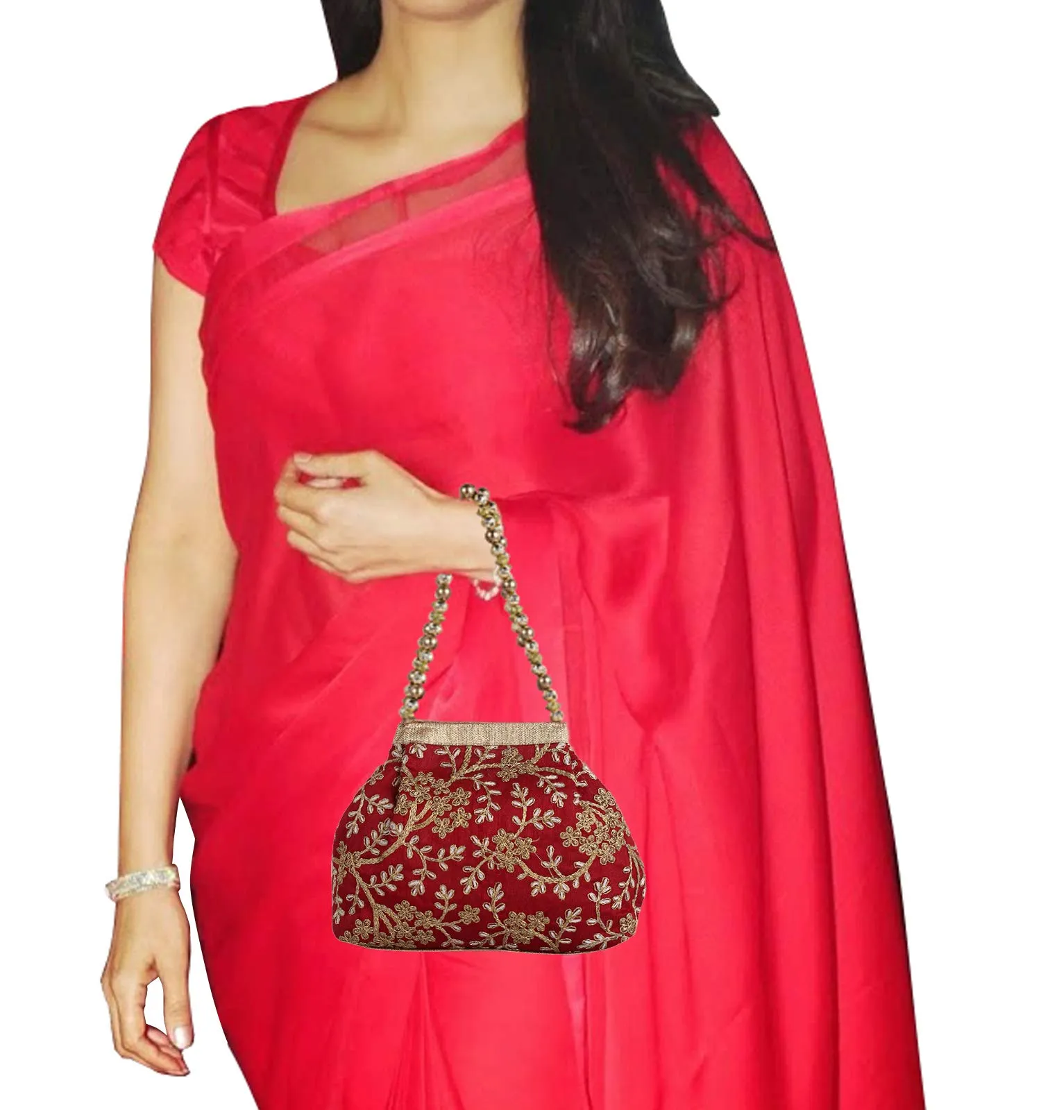 Kuber Industries Women's Polyester Embroidered Potli Bag, Maroon (CTKTC04387)