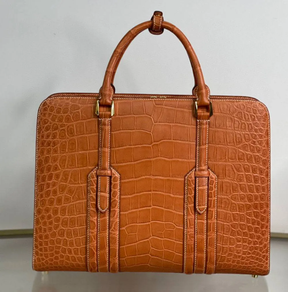 Large Genuine  Crocodile Briefcase, Luxury Crocodile Business Bag for Men Tan