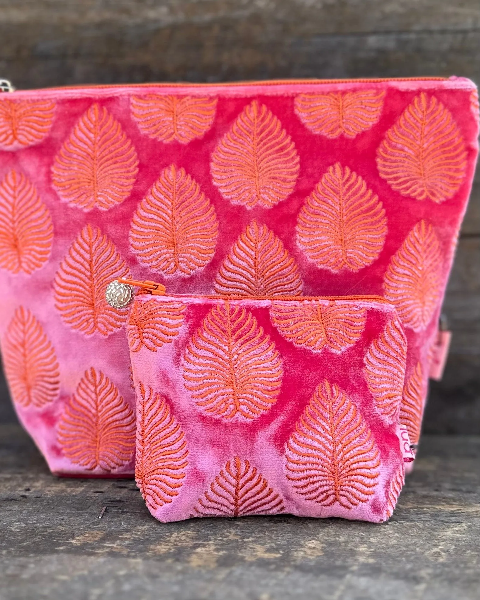 Large Velvet Make Up Bag With Embroidered Palm Leaves - Pink/Coral