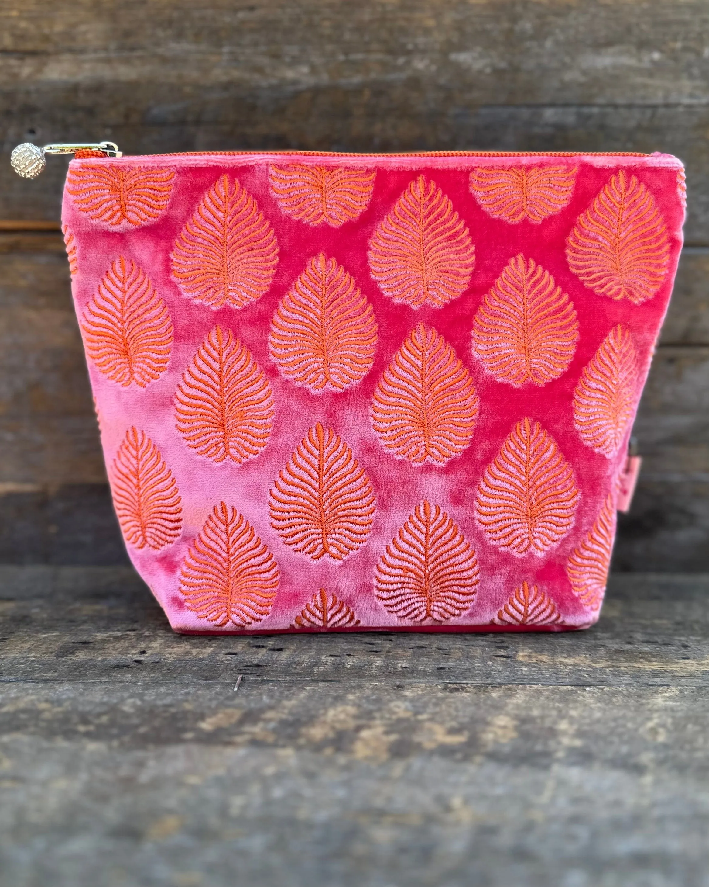 Large Velvet Make Up Bag With Embroidered Palm Leaves - Pink/Coral