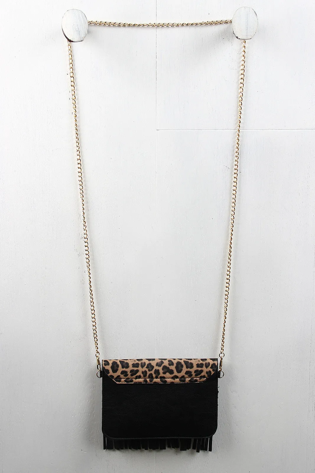 Leopard Flap Vegan Leather Fringe Bag