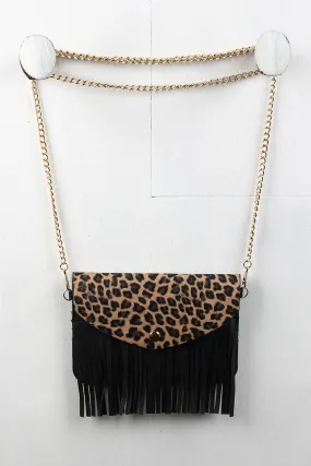 Leopard Flap Vegan Leather Fringe Bag