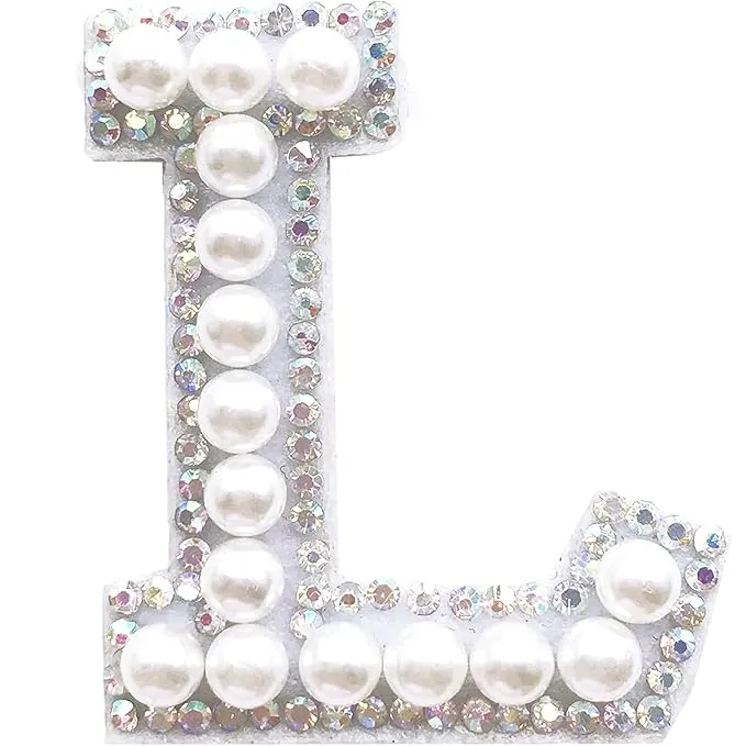 Letter L White Pearl Rhinestone Hot fix Or Sew Patch