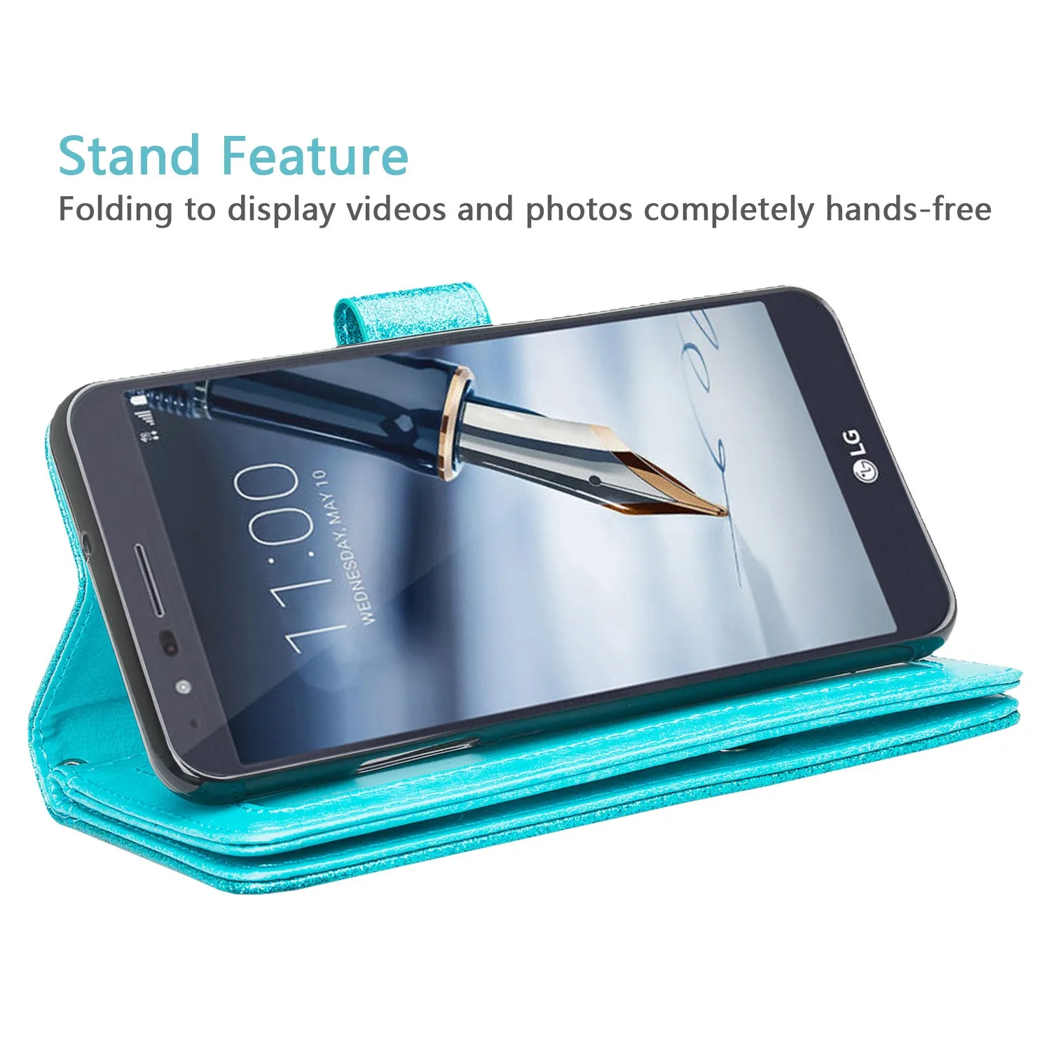 LG Stylo 4 Case, Stylo 4 Plus, Q Stylus Glitter Faux Leather Flip Credit Card Holder Wrist Strap Shockproof Protective Wallet Case Clutch - Teal