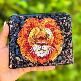 Lion Sequin Beaded Pouch Purse