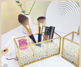 Luxury Cosmetic Storage Box Makeup Brush Bucket with Pearls Lipstick Case Pen Holder Desktop Nail Polish Organizer