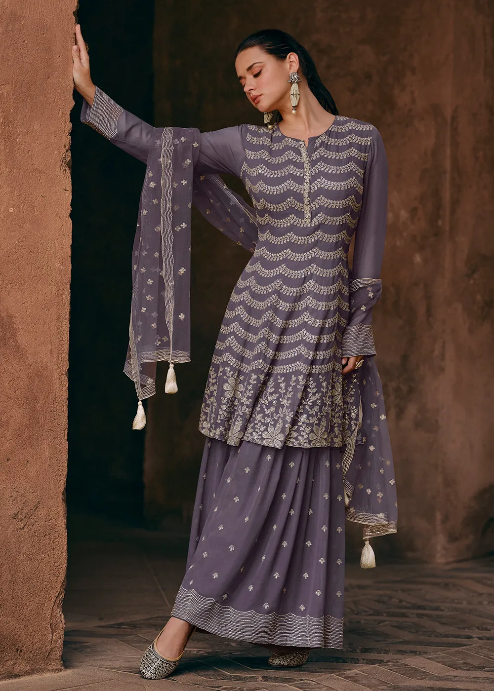 Mauve Georgette Designer Style Embroidered Sharara Suit