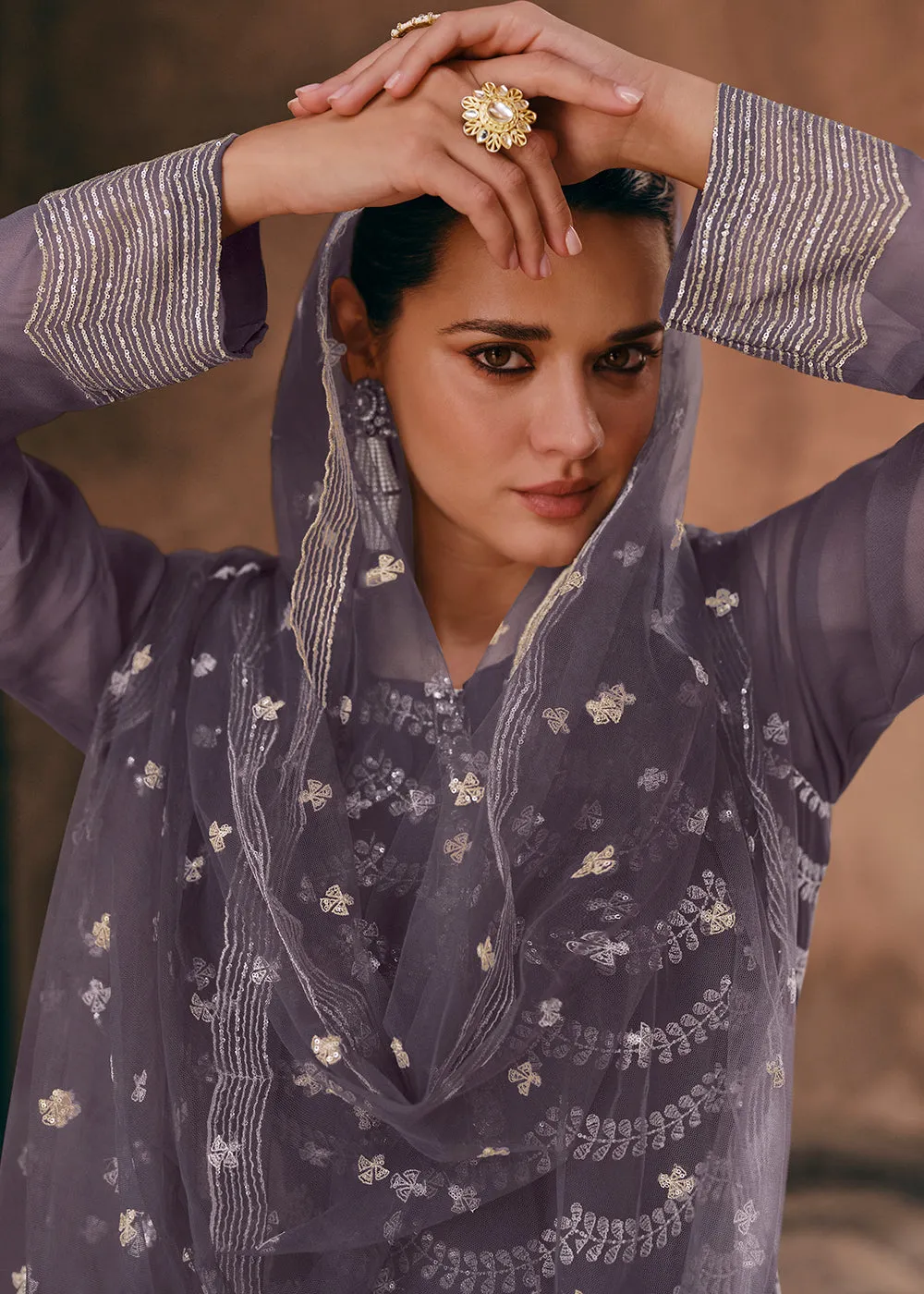 Mauve Georgette Designer Style Embroidered Sharara Suit