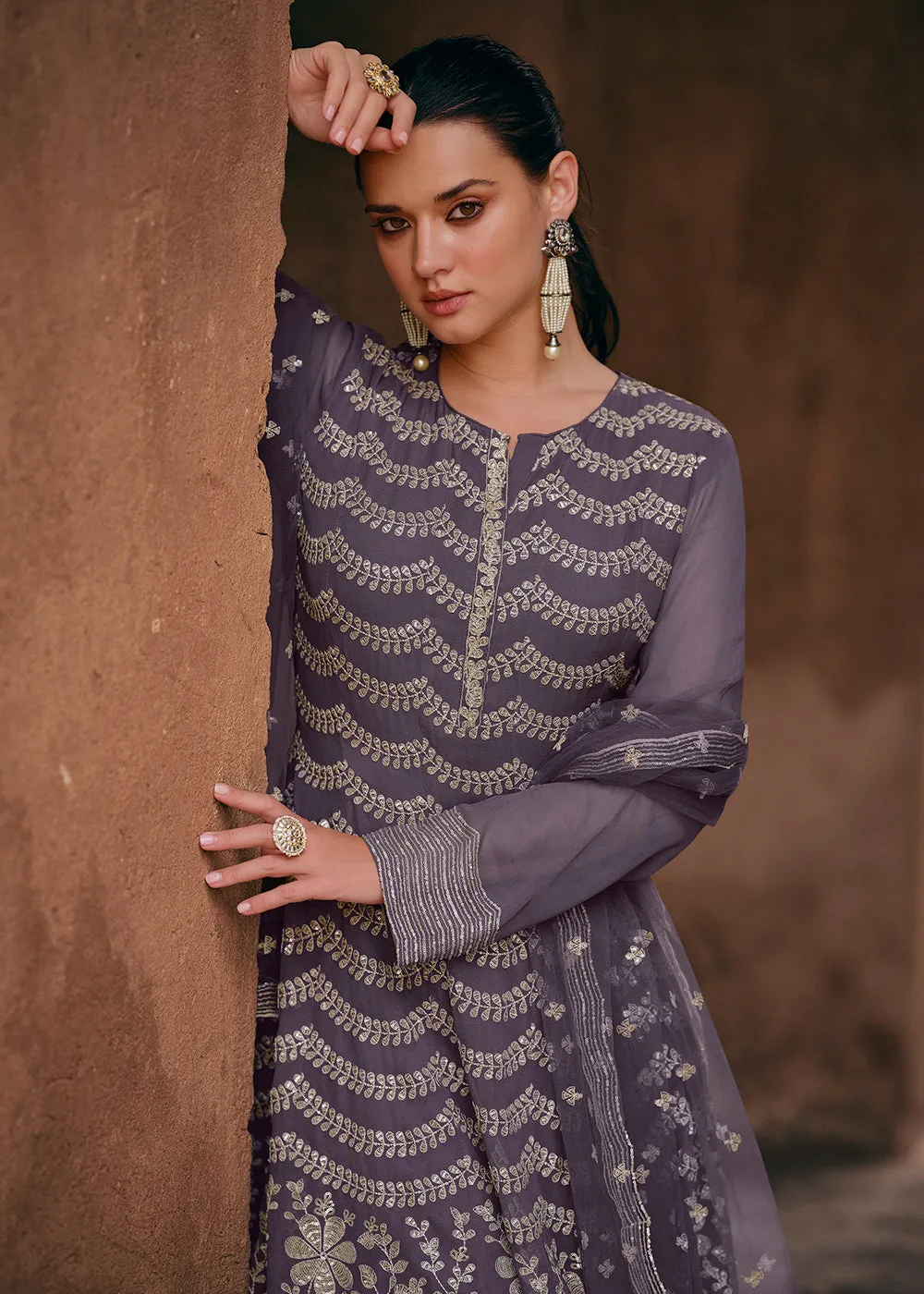 Mauve Georgette Designer Style Embroidered Sharara Suit