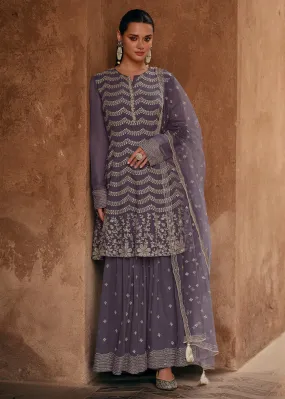 Mauve Georgette Designer Style Embroidered Sharara Suit