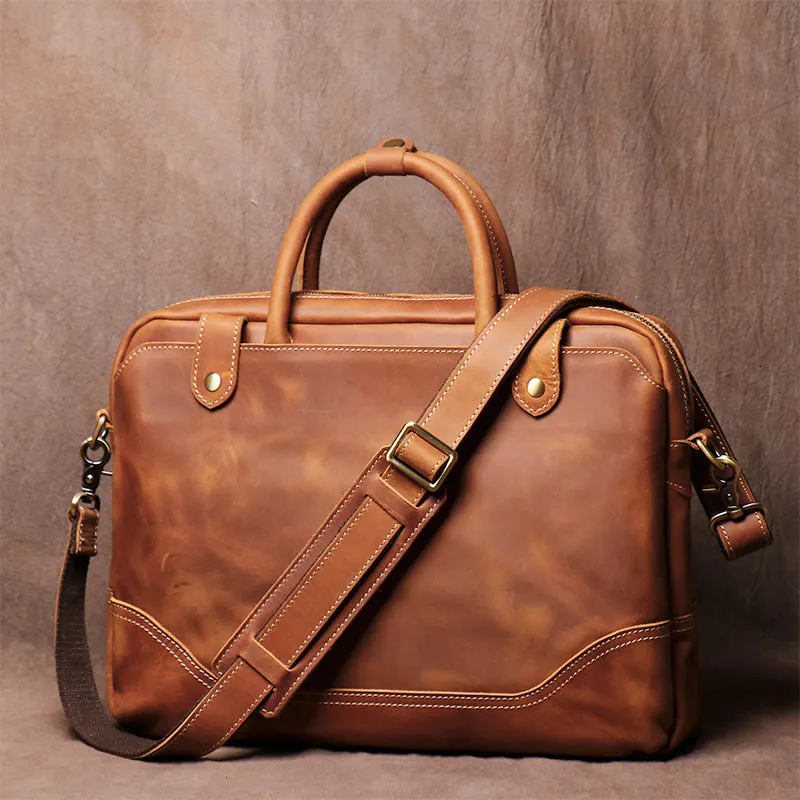 Men's Vintage Cowhide Carrying Briefcase Leather Cross Body Bag Mandmade Crazy Horse Leather File Computer Bag