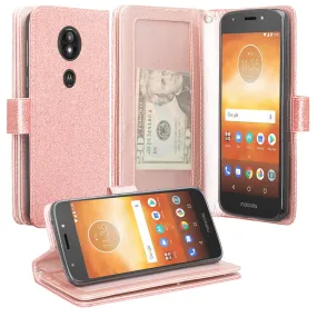 Motorola Moto G6 Play, G6 Forge Case, [Wrist Strap] Glitter Faux Leather Flip [Kickstand Feature] Protective Wallet Case Cover Clutch - Rose Gold