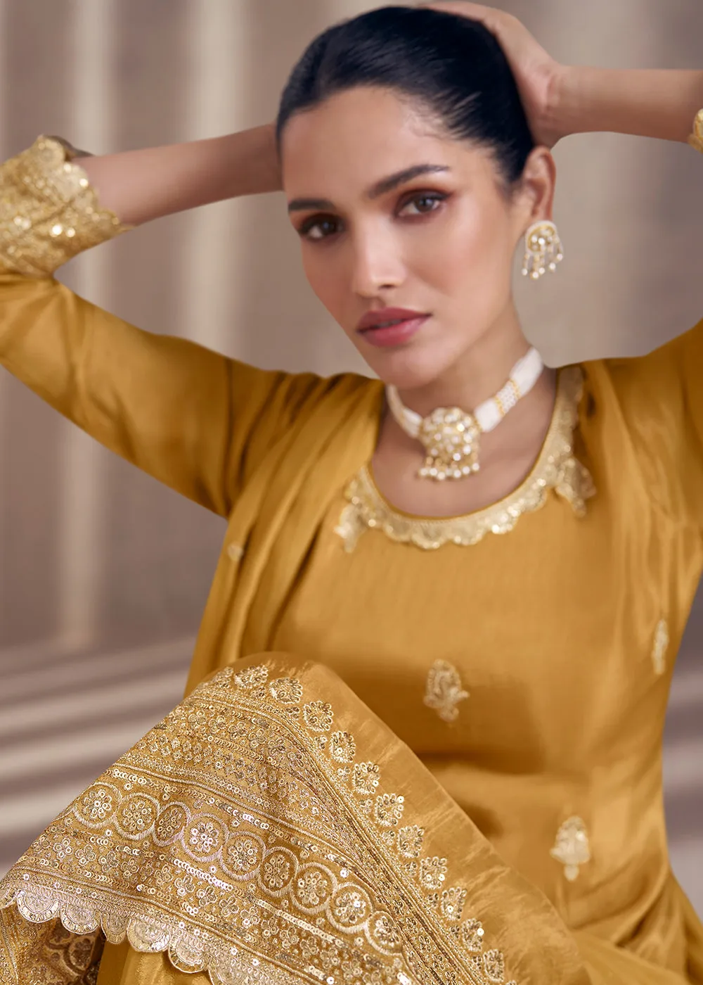 Mustard Embroidered Chinnon Silk Designer Sharara Suit