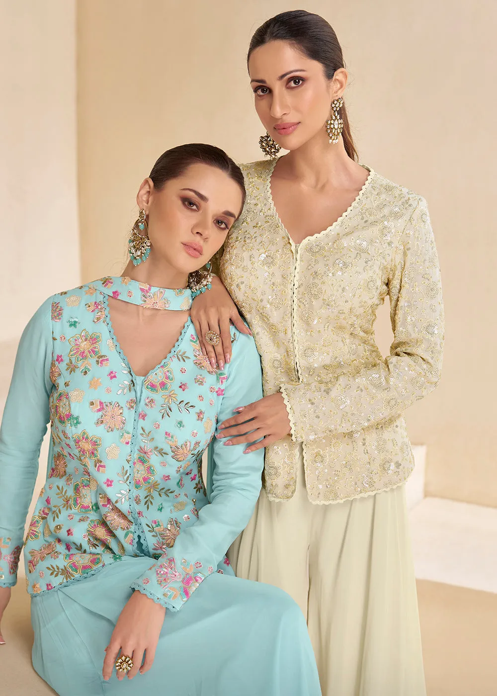 Off White Designer Embroidered Party Wear Sharara Suit