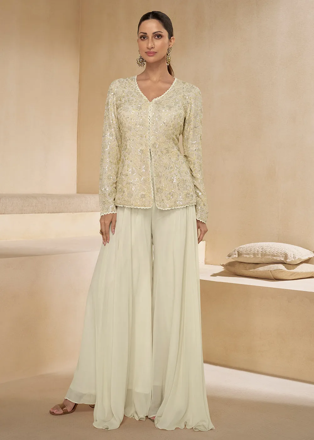 Off White Designer Embroidered Party Wear Sharara Suit