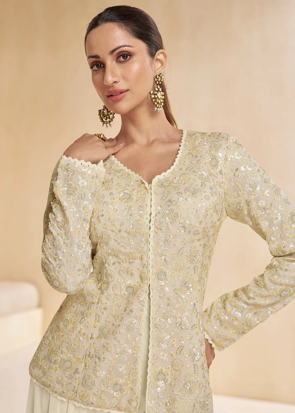 Off White Designer Embroidered Party Wear Sharara Suit