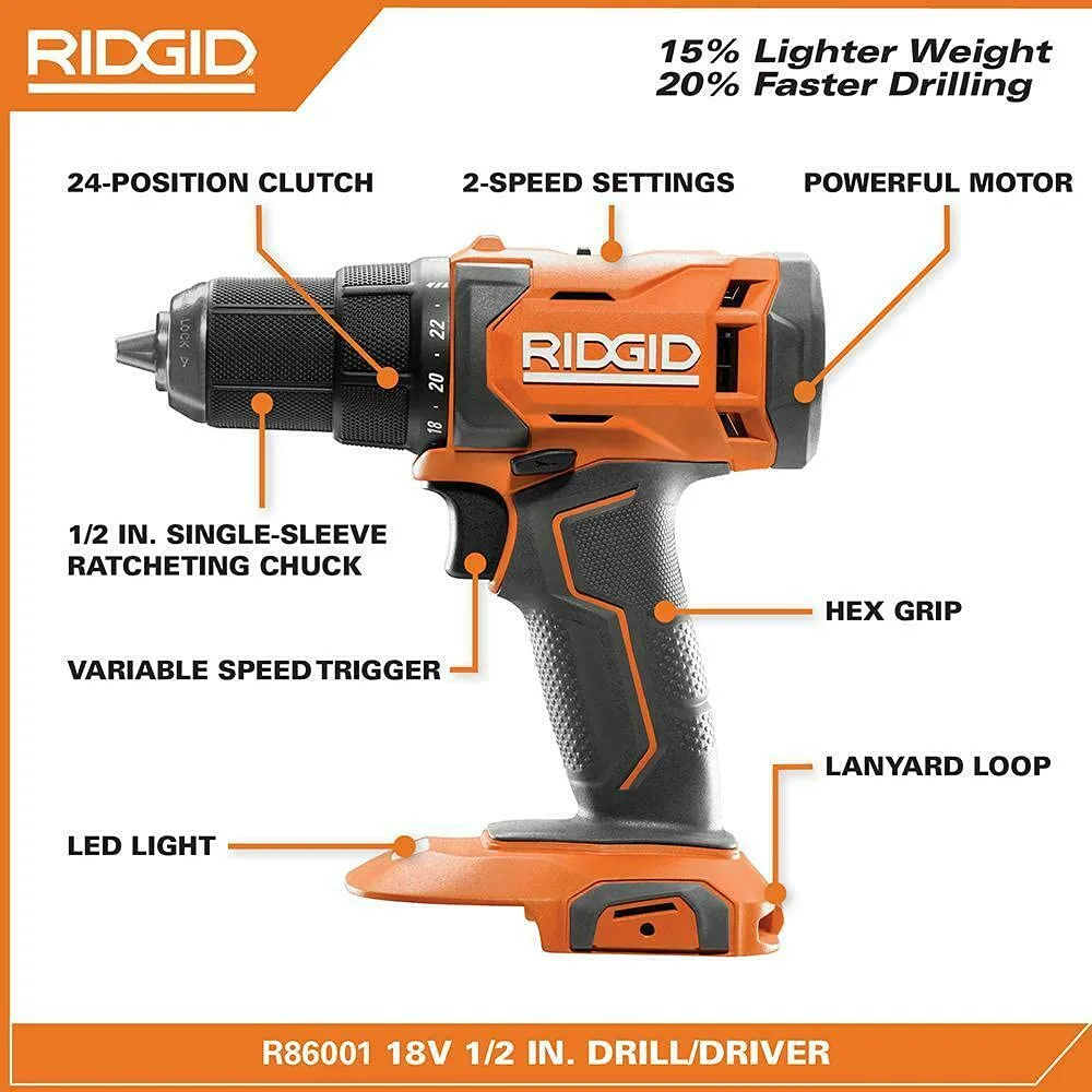 Open Box - RIDGID 18V Cordless 1/2 in. Drill/Driver Kit with (1) 2.0 Ah Battery and Charger