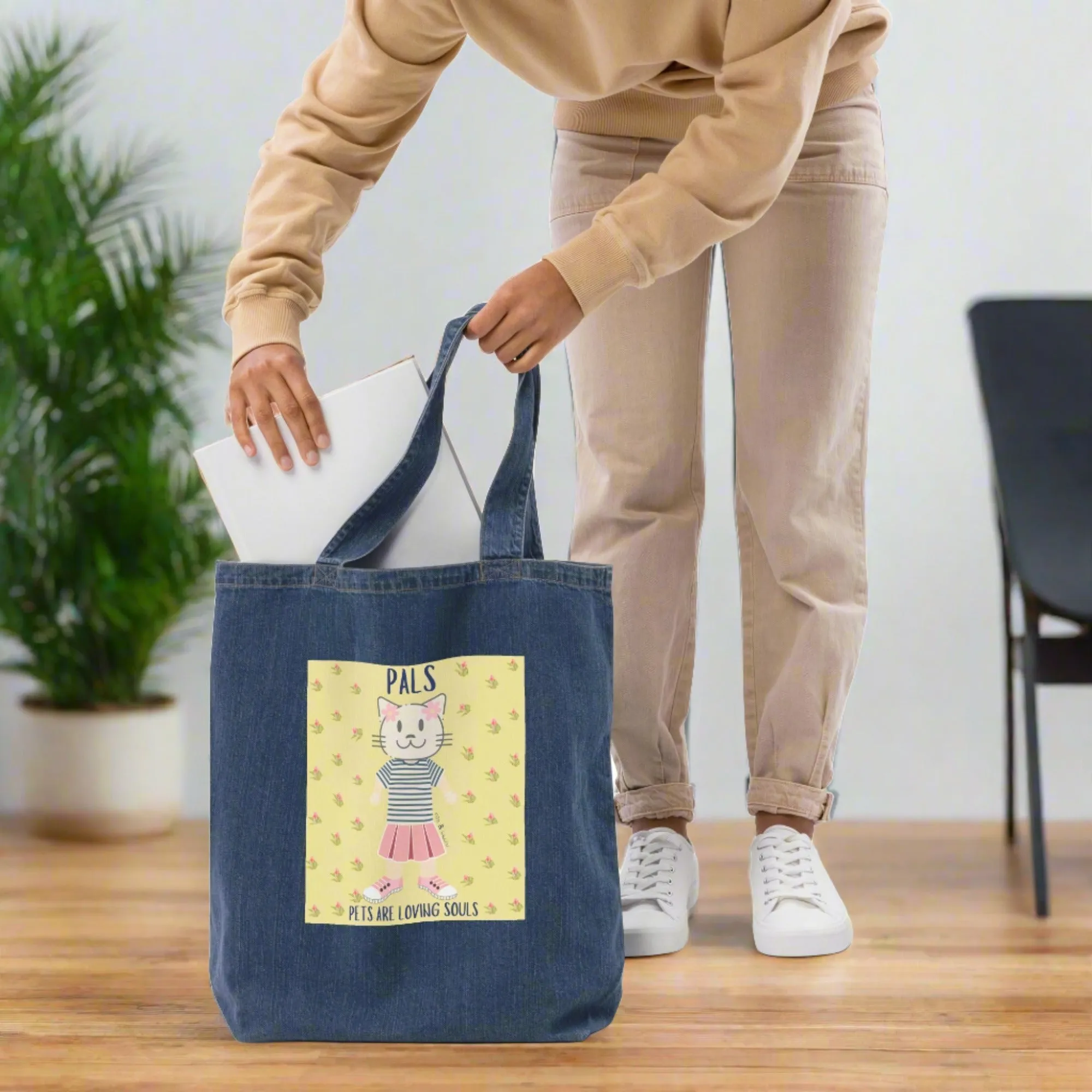 PALS, Cat themed organic denim tote bag