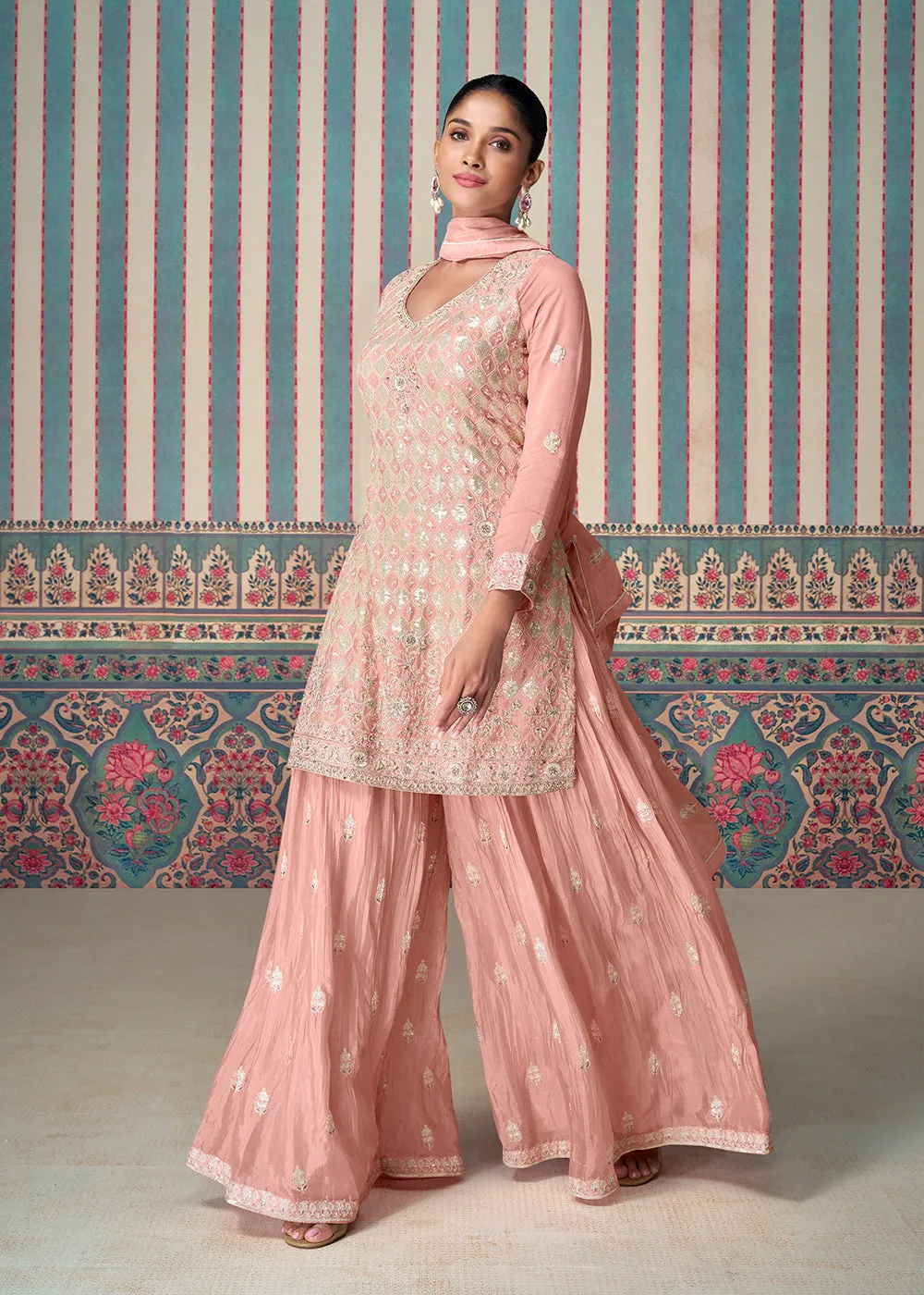 Peachy Pink Premium Embroidered Designer Sharara Suit