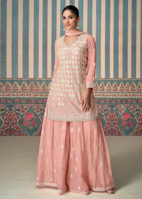 Peachy Pink Premium Embroidered Designer Sharara Suit