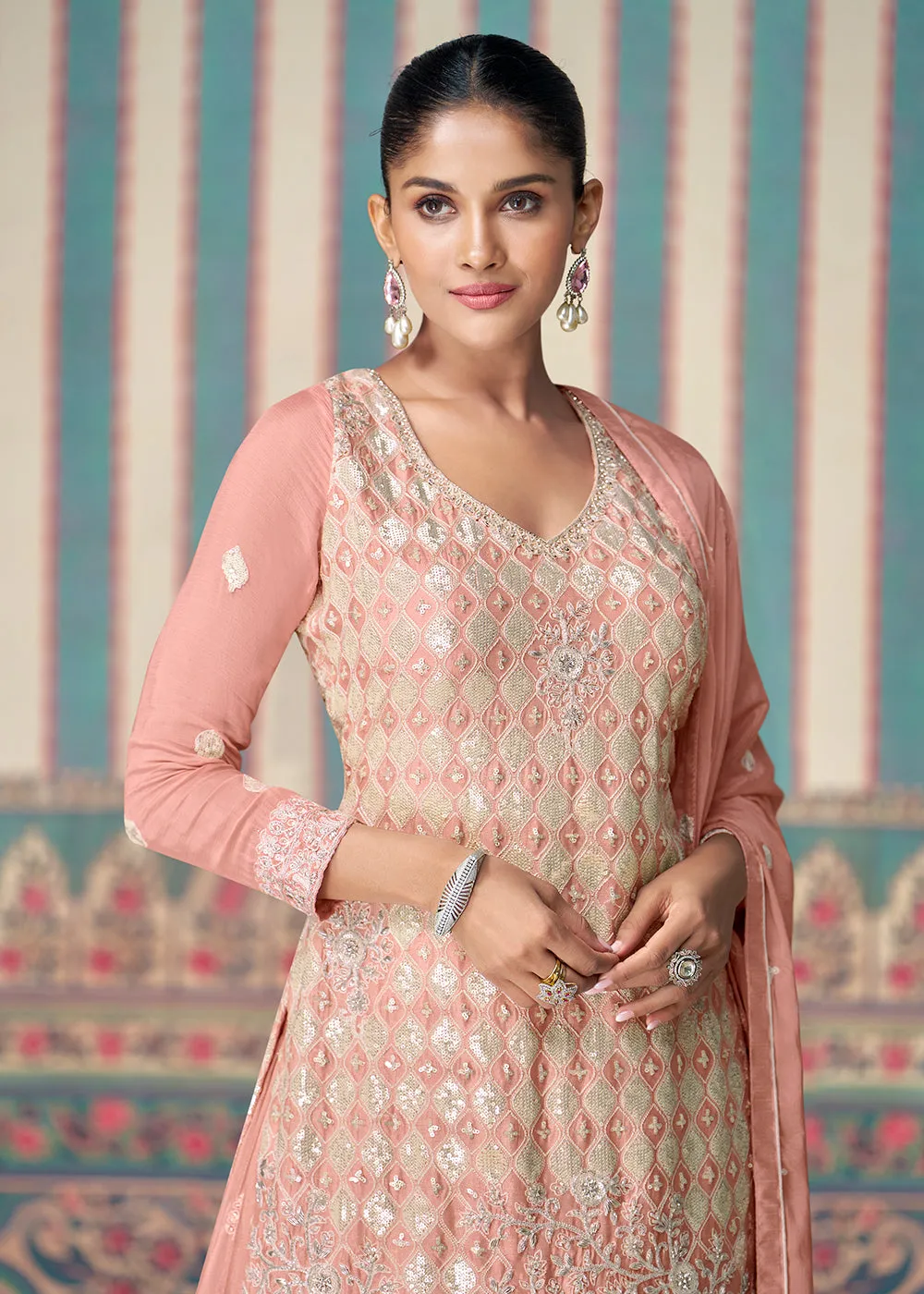 Peachy Pink Premium Embroidered Designer Sharara Suit