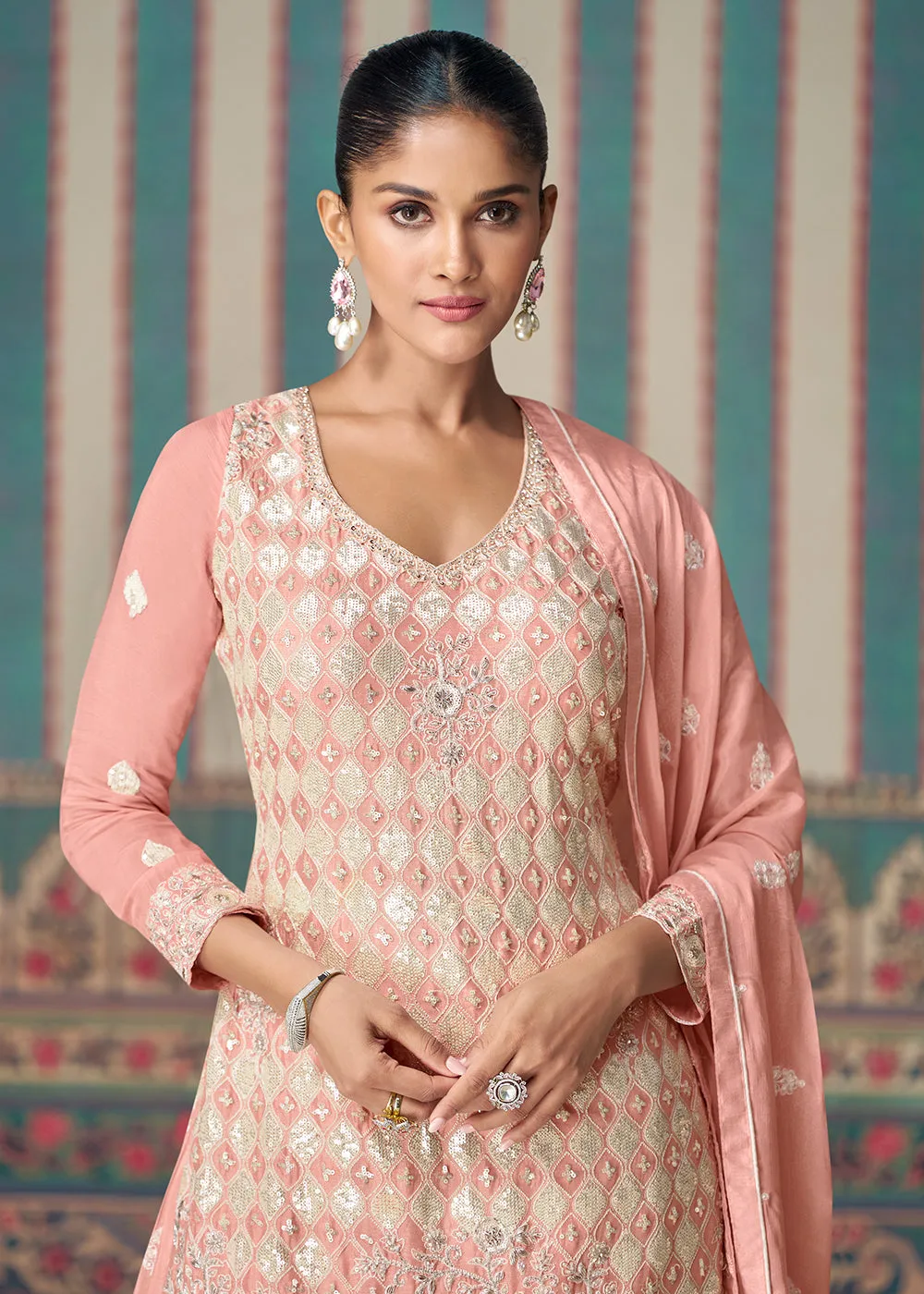 Peachy Pink Premium Embroidered Designer Sharara Suit