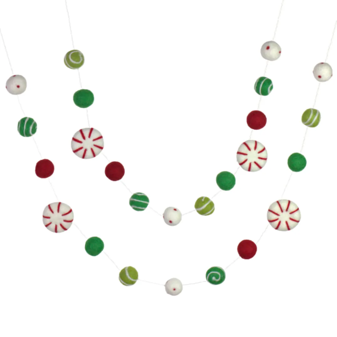 Peppermint Felt Christmas Garland- Red, Green- Dots & Swirls