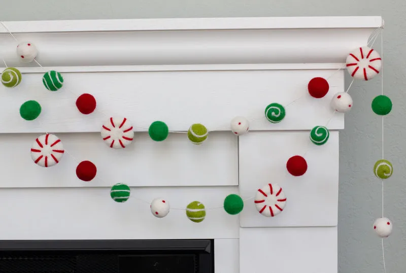 Peppermint Felt Christmas Garland- Red, Green- Dots & Swirls