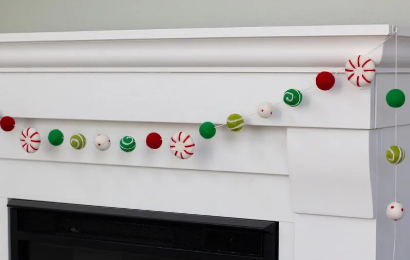 Peppermint Felt Christmas Garland- Red, Green- Dots & Swirls