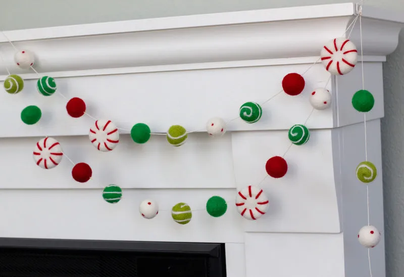 Peppermint Felt Christmas Garland- Red, Green- Dots & Swirls