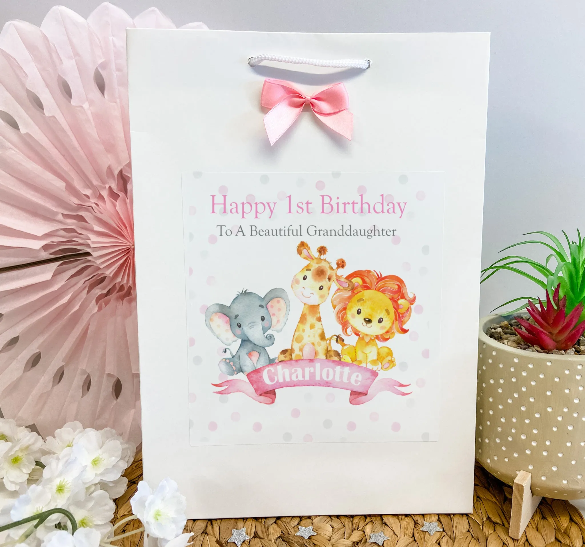 Personalised Birthday Gift Bag Watercolour Animals Pink