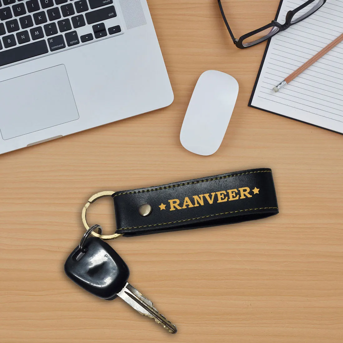 Personalised Key Ring Pu Leather Loop Keychain - Star with Name