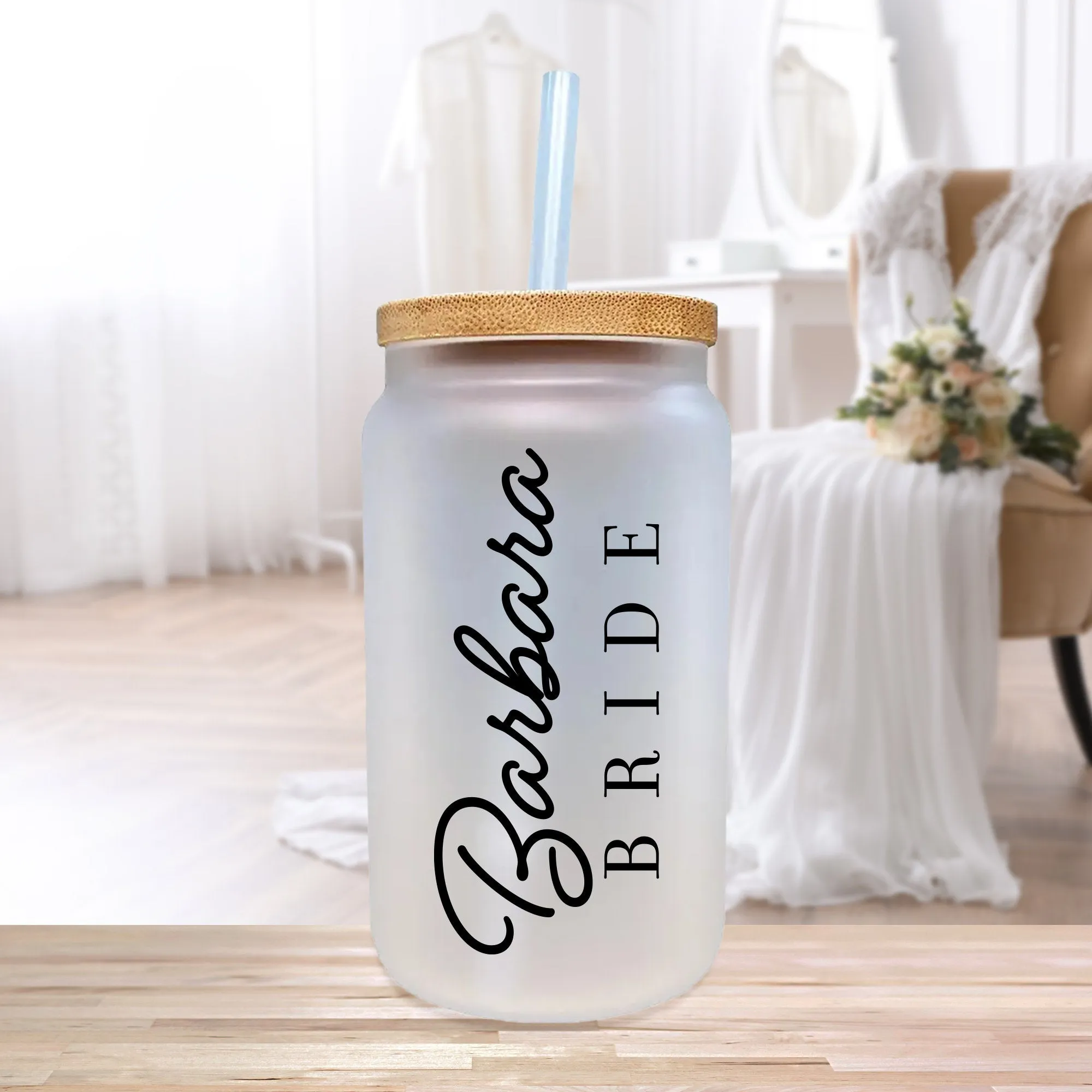 Personalized Bride Iced Coffee Cup Glass Bride Beer Can Glass Bride to Be Gift Custom Bride Can Glass with Bamboo Lid and Glass Straw