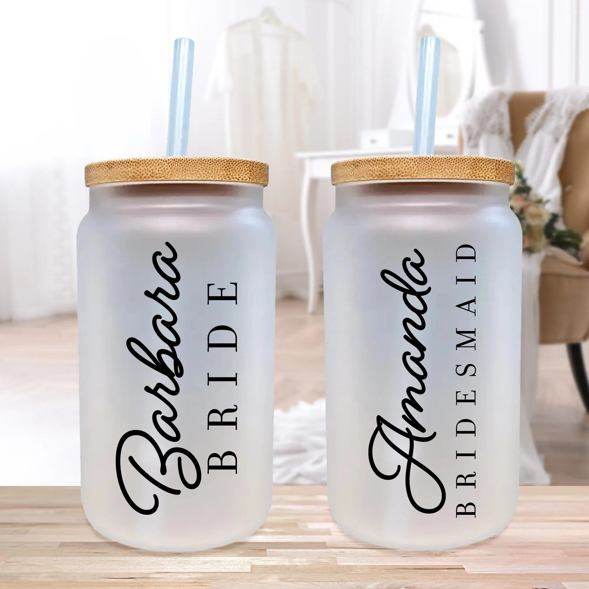 Personalized Bride Iced Coffee Cup Glass Bride Beer Can Glass Bride to Be Gift Custom Bride Can Glass with Bamboo Lid and Glass Straw