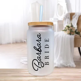 Personalized Bride Iced Coffee Cup Glass Bride Beer Can Glass Bride to Be Gift Custom Bride Can Glass with Bamboo Lid and Glass Straw