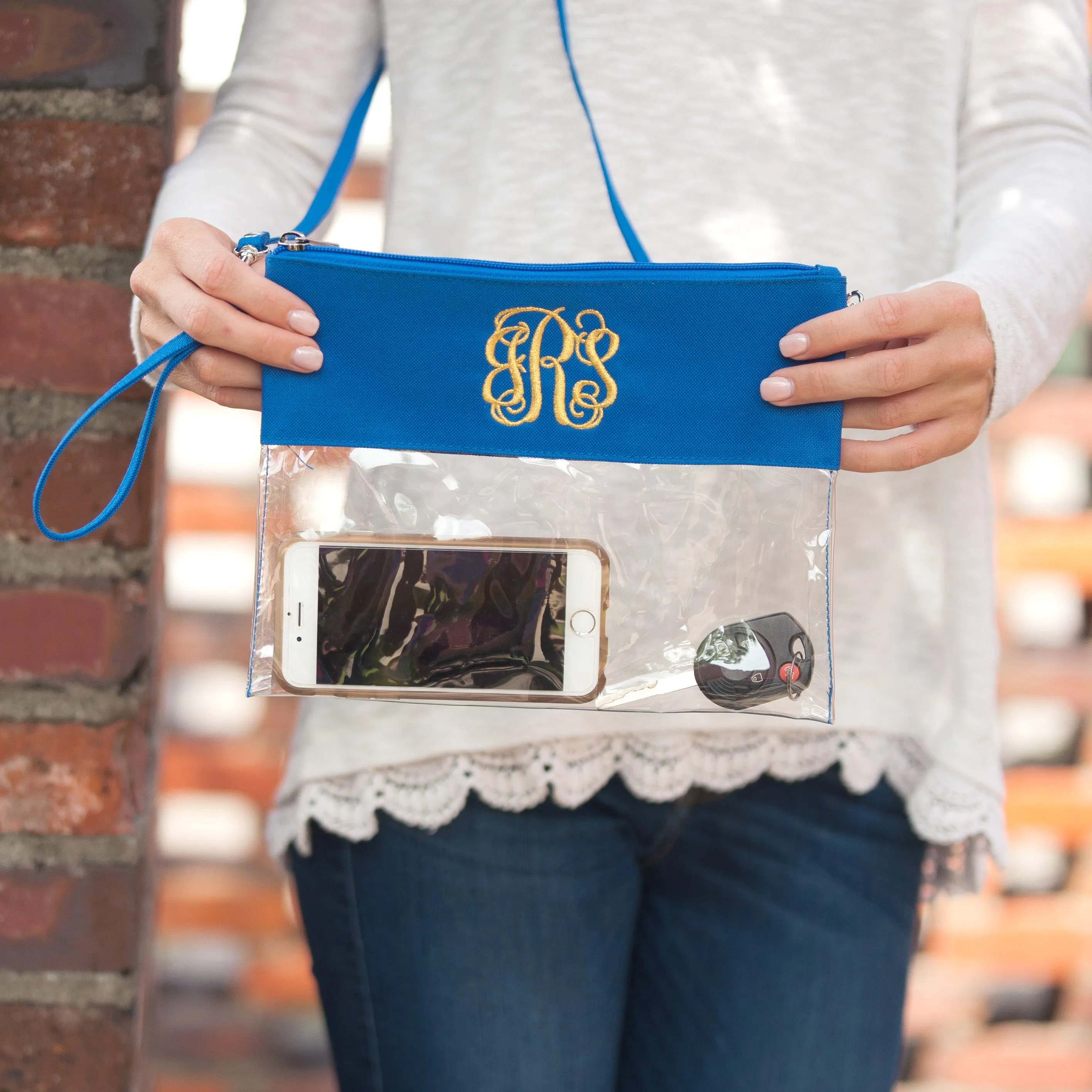 Personalized Clear Stadium Approved Crossbody Purse, Clutch, Wristlet, Concert In Royal Blue