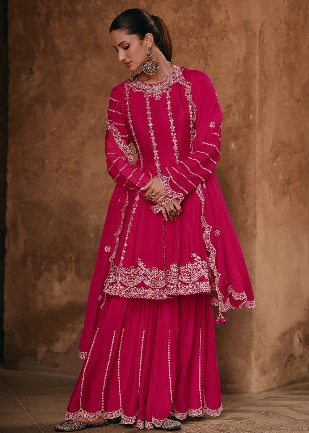 Pink Chinnon Silk Designer Style Embroidered Sharara Suit