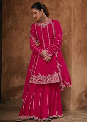 Pink Chinnon Silk Designer Style Embroidered Sharara Suit