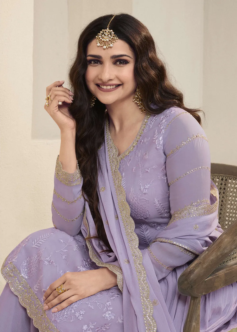 Prachi Desai Lavender Organza Embroidered Sharara Suit