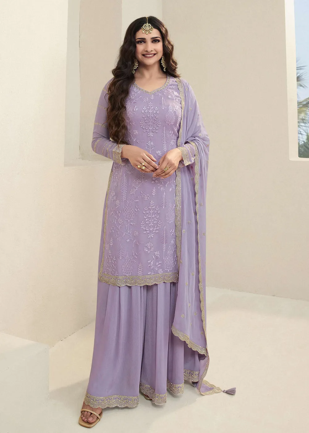 Prachi Desai Lavender Organza Embroidered Sharara Suit