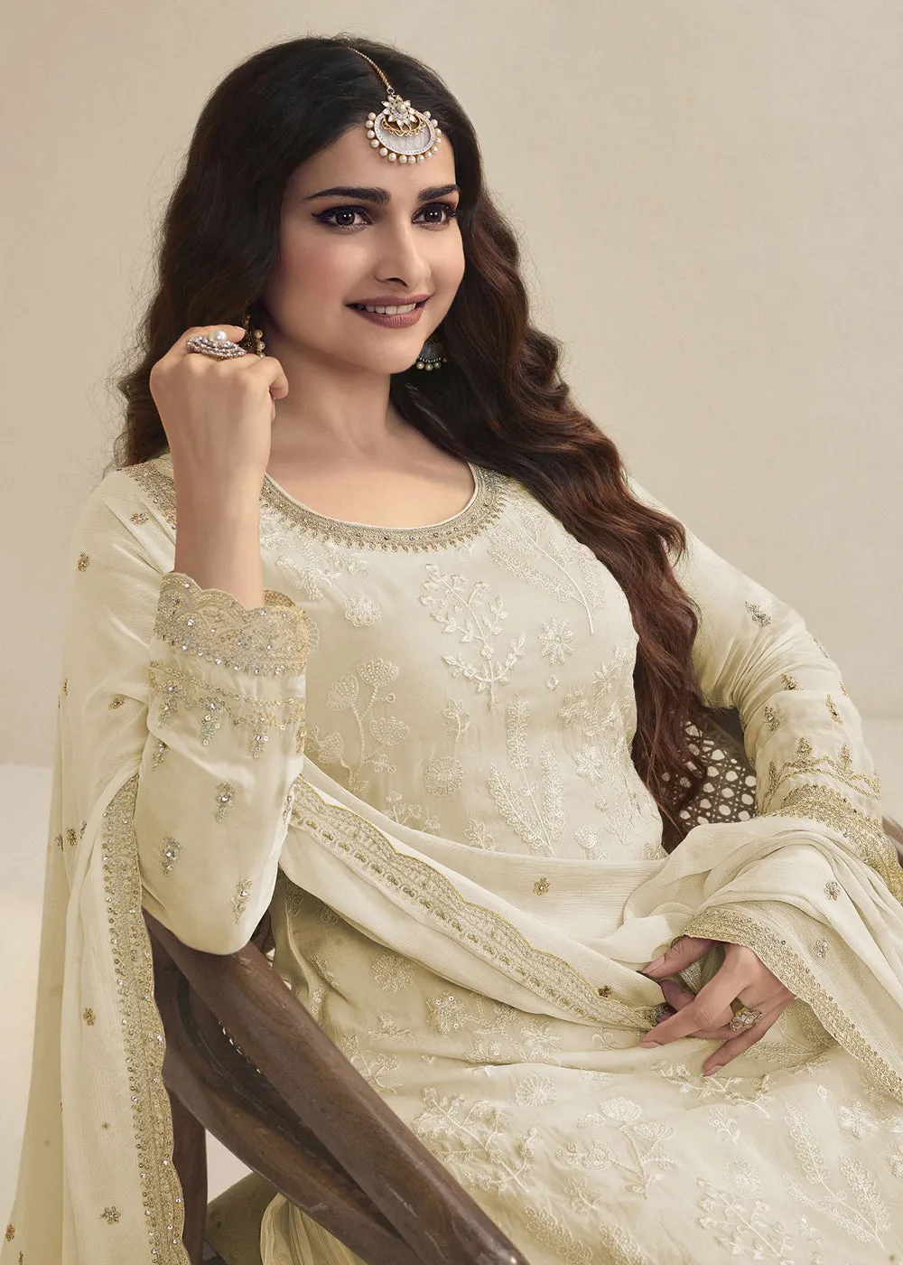 Prachi Desai Off White Organza Embroidered Sharara Suit