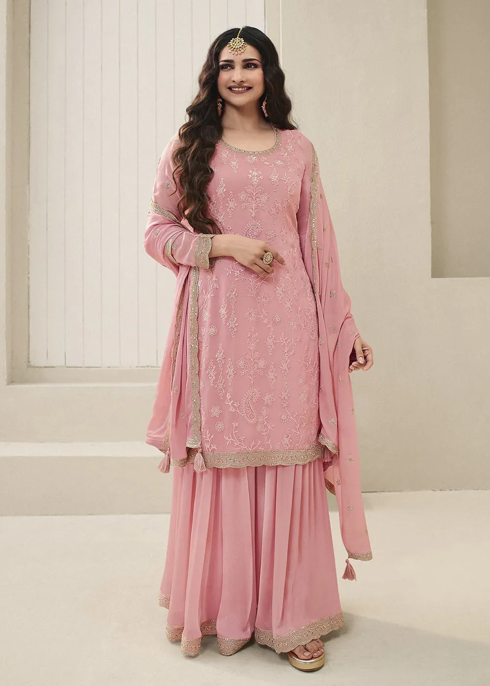 Prachi Desai Soft Pink Organza Embroidered Sharara Suit