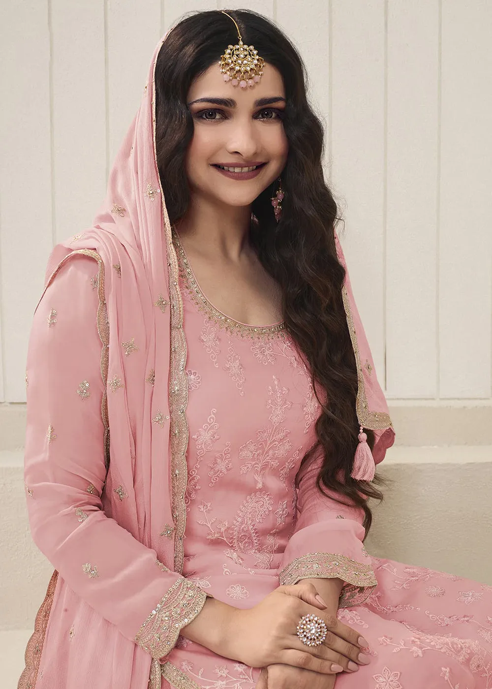 Prachi Desai Soft Pink Organza Embroidered Sharara Suit