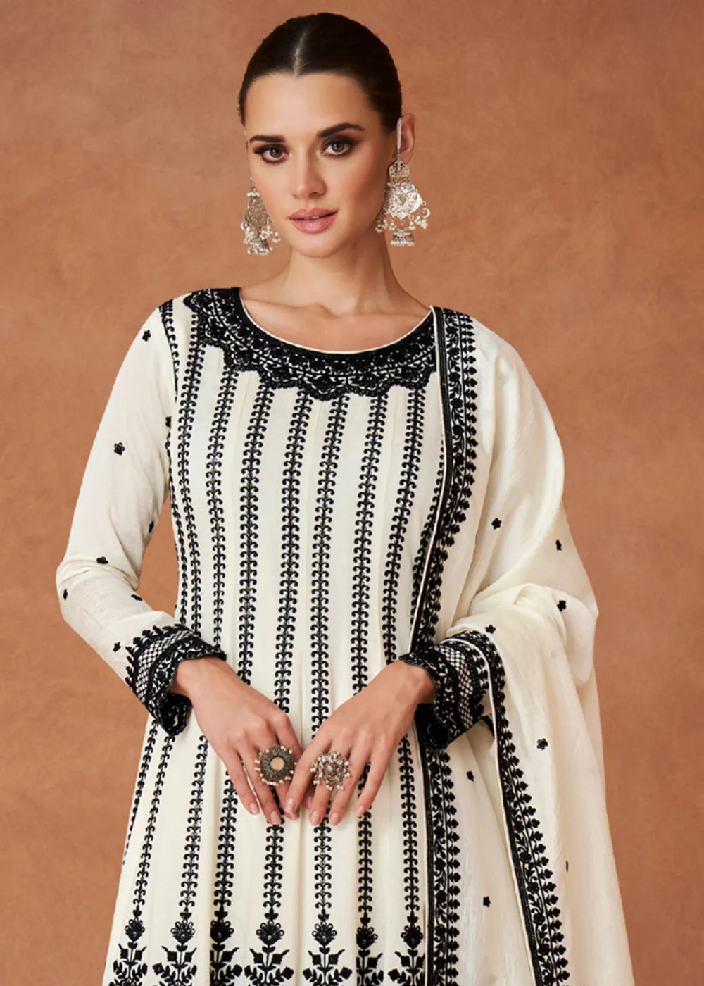 Premium Silk Embroidered Off White Festive Sharara Suit